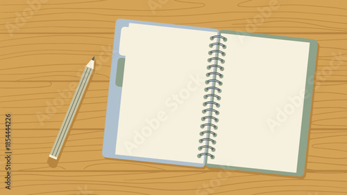 Open Spiral Notebook and Pencil on Wooden Desk.