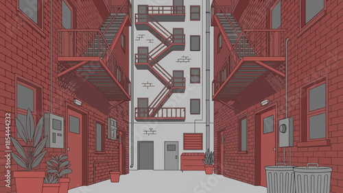 Red brick alleyway with metal fire escape stairs.