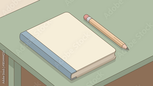 Notebook with Pencil on Desk Close Up.