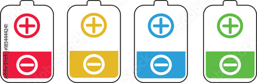 set of battery cell icons with plus and minus terminal symbols showing color coded energy levels