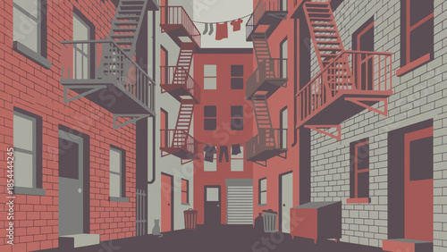 Urban Alleyway Between Red Brick Buildings With Fire Escapes.