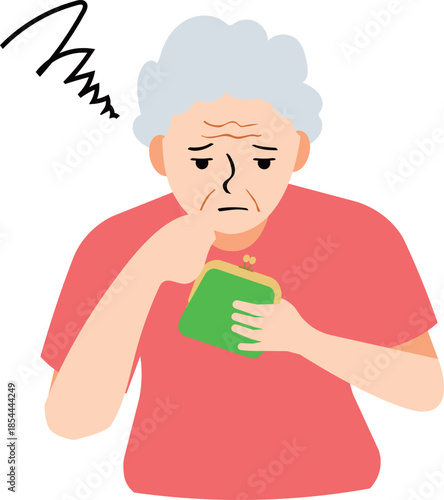 Worried Senior Woman Holding Wallet, Elderly Financial Anxiety / Mujer mayor preocupada por el dinero / Idosa preocupada com dinheiro