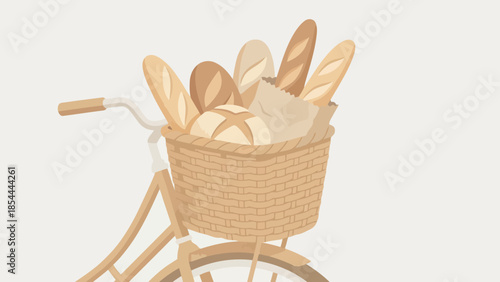 Basket of bread on bicycle in soft lighting.