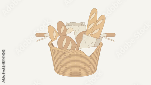 Basket of Fresh Baguettes and Bread Loaves.