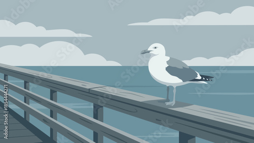 Seagull Standing On Pier Over Ocean.