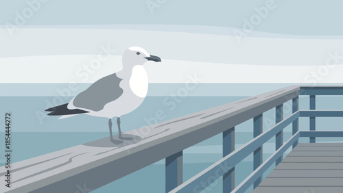 Seagull Standing on a Wooden Pier by the Sea.