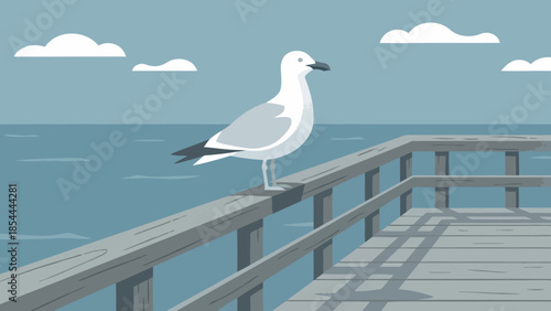 Seagull perched on wooden railing by the sea.