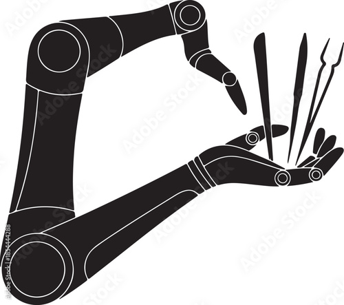 Clean silhouette of a robotic arm holding surgical instruments vector art illustration