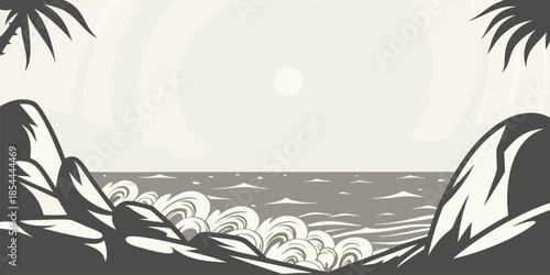 Coastal Scene with Jagged Rock Formations and Ocean Waves Silhouette, Minimalist Flat Vector Seascape Illustration