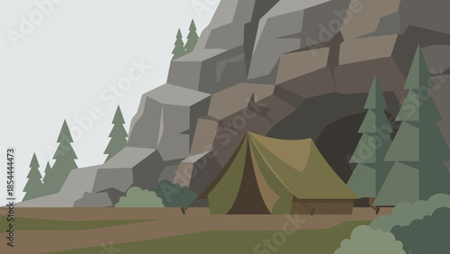 Outdoor Camping Tent Set Up in Rocky Campground.