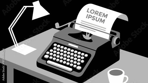 Vintage Typewriter On Desk With Paper And Lamp.