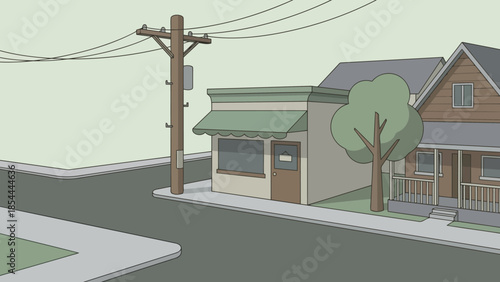 Suburban street corner with houses and utility pole.