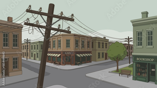 Old Town Street Scene with Slanted Utility Pole.