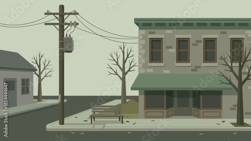 Small town street with storefronts and utility poles.