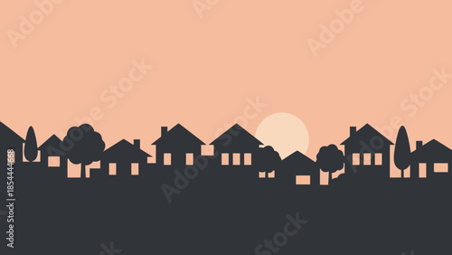 Silhouette of a Quiet Village Skyline at Sunset.