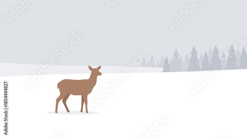 Silent lone deer standing in snowy field.