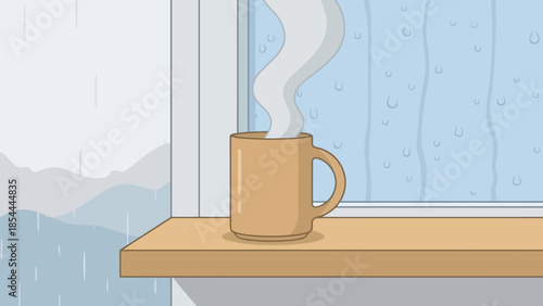Coffee mug on windowsill with steam.