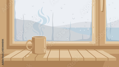 Coffee mug on wooden table by sunlit window.