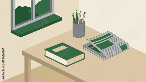 Desk with notebook and newspaper on table.