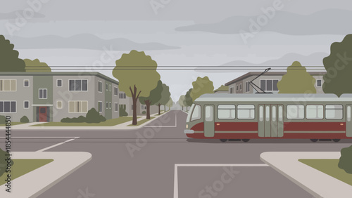 Modern tram at a quiet suburban street.