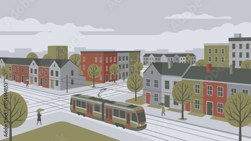 Tram in urban setting on tracks.