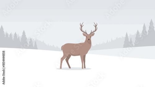 Graceful stag standing in snowy landscape.