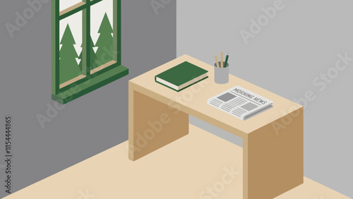 Minimalist office desk with notebook and papers.