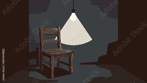Rustic wooden chair under pendant lamp in dim room.