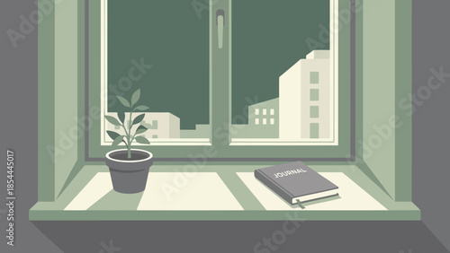 Window Sill with Potted Plant and Notebook.