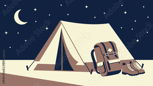 Camping Tent With Backpack At Night Scene.