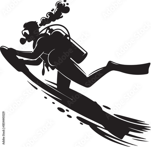Dynamic silhouette of a scuba diver riding an underwater scooter vector art illustration