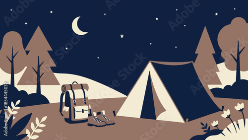 Nighttime camping scene with tent and campfire under stars.