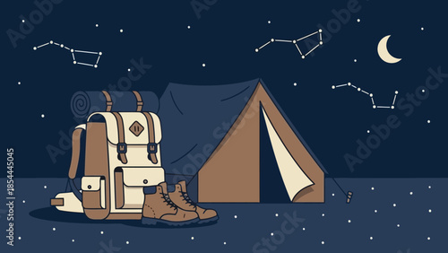 Camping Tent and Gear Under Night Sky.