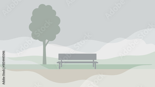 Quiet park bench under trees in tranquil setting.