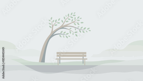 Minimalist bench under a gentle tree in park.