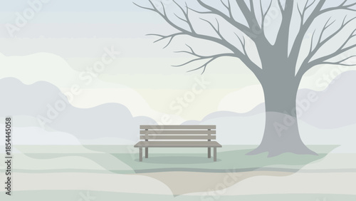 Lonely bench under misty trees in quiet park.