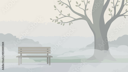 Lonely Wooden Bench Under a Bare Tree.