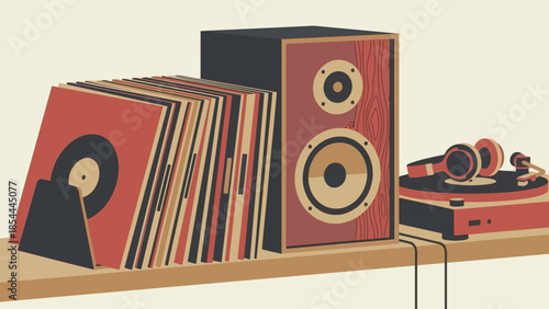 Vintage stereo speakers with vinyl records on shelf.