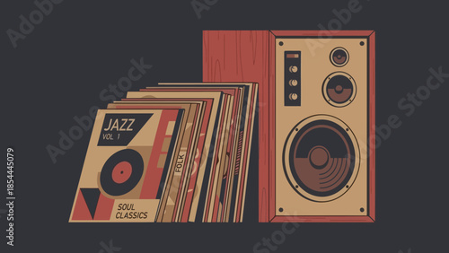 Vintage vinyl records with retro speaker.