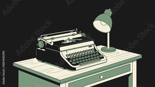 Vintage Typewriter On Desk Under Lamp.