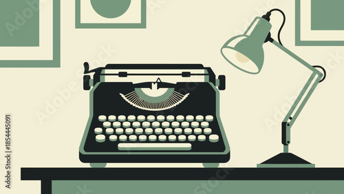 Vintage Typewriter on Desk with Lamp.