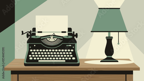Vintage typewriter on wooden desk with lamp as main subject.