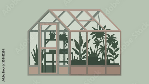 Greenhouse interior filled with tropical plants and shelves.