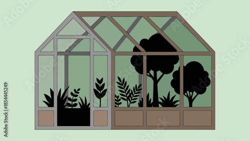 Greenhouse Structure with Potted Plants and Glass Walls.