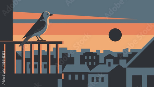 Bird perched on railing at sunset above city skyline.