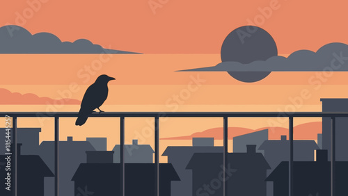 Silhouetted bird perched on railing at sunset above city skyline.