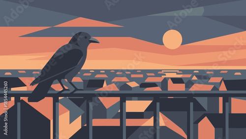 Silhouetted Raven Perched On Railing At Sunset.