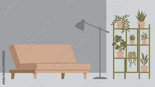 Modern sofa with floor lamp and plant shelf.