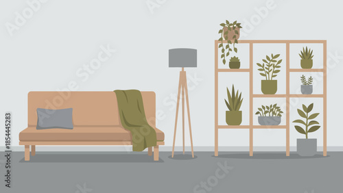 Cozy modern sofa with blanket in living room.