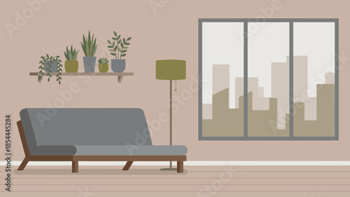 Modern gray sofa in a cozy living room.